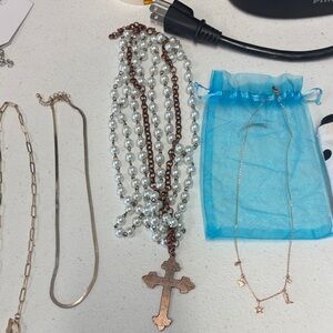 Elegant Pearl and Bronze Cross Necklace